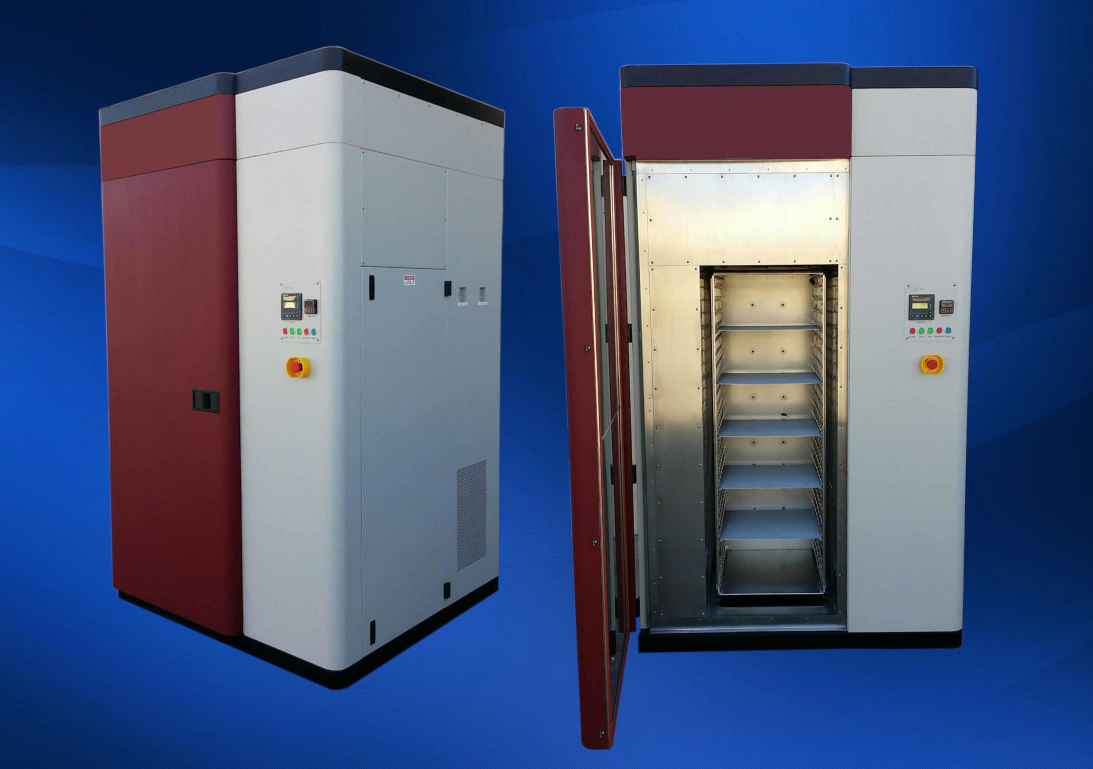 Environmental Test Chamber with Internal Shelving A dual-view of a red and white environmental test chamber with a sleek design. One view shows the chamber exterior with control panel, and the other displays the open door revealing internal shelving for testing purposes.